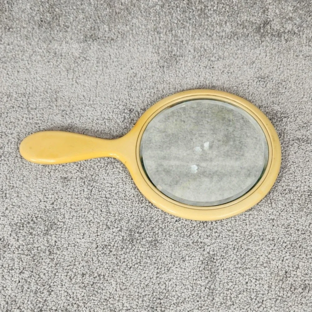 Vintage Celluloid Hand Mirror French Ivory Beveled Glass Art Deco Vanity Yellow